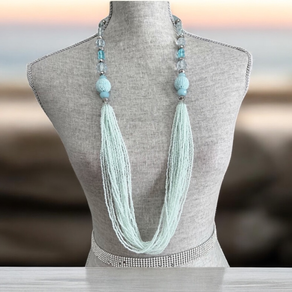 Long Beaded Statement Necklace Light Blue Seafoam Silver-tone Necklace